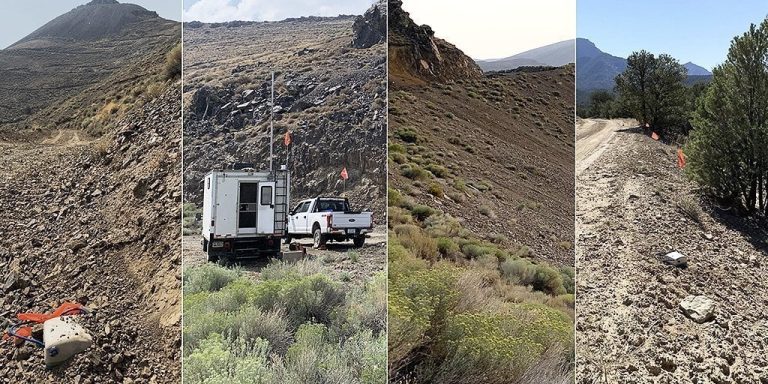 SmartSolo nodes deployed for geophysical exploration in a rocky, mountainous area with a truck and trailer.