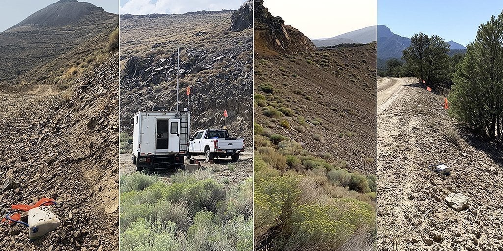 SmartSolo nodes deployed for geophysical exploration in a rocky, mountainous area with a truck and trailer.