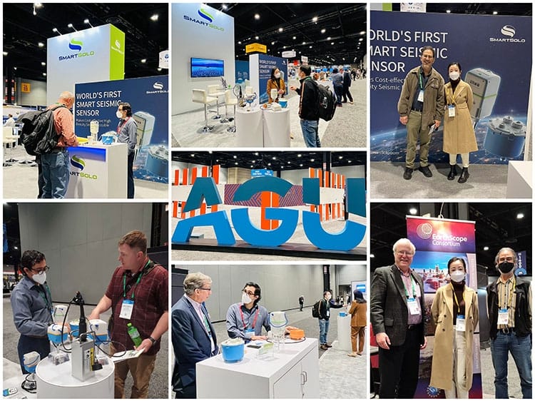 Collage of photos from AGU conference, featuring SmartSolo seismic nodes, attendees, and the AGU logo.