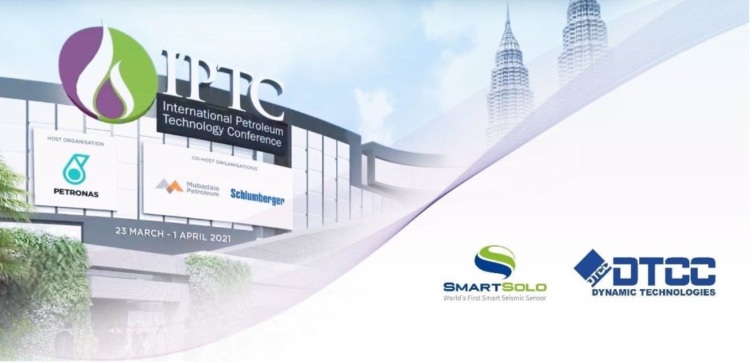 International Petroleum Technology Conference banner with logos of Petronas, Mubadala Petroleum, Schlumberger, SmartSolo seismic nodes, and DTCC Dynamic Technologies.