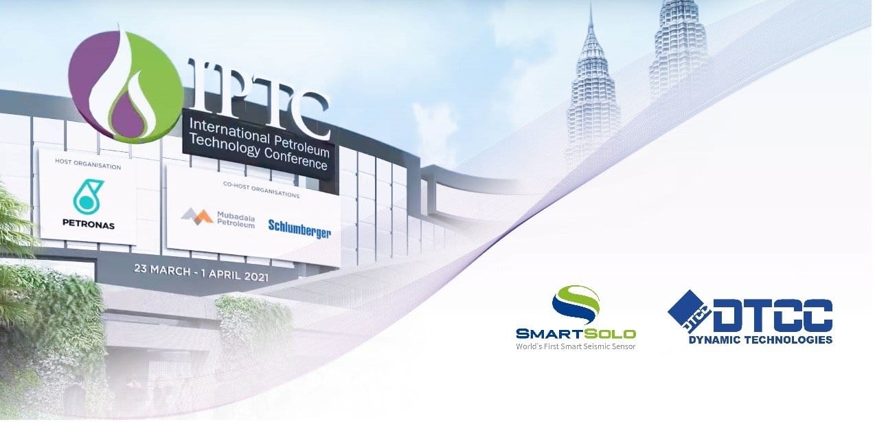 International Petroleum Technology Conference banner with logos of Petronas, Mubadala Petroleum, Schlumberger, SmartSolo seismic nodes, and DTCC Dynamic Technologies.