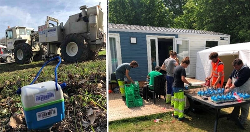 Left: SmartSolo seismometer node on the ground near a seismic vibrator truck for geophysical exploration. Right: Crew preparing SmartSolo nodes for a seismic survey.