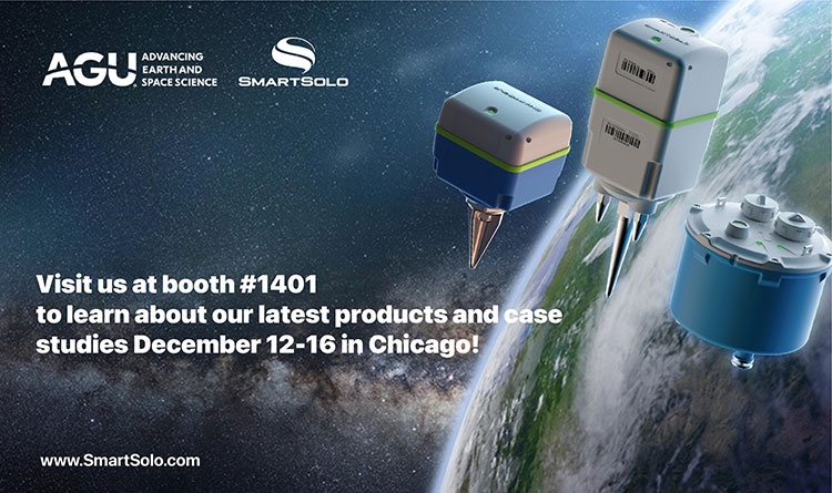 SmartSolo nodes and seismometers for geophysical exploration and earthquake monitoring, with text "Visit us at booth #1401 to learn about our latest products and case studies December 12-16 in Chicago! www.SmartSolo.com".