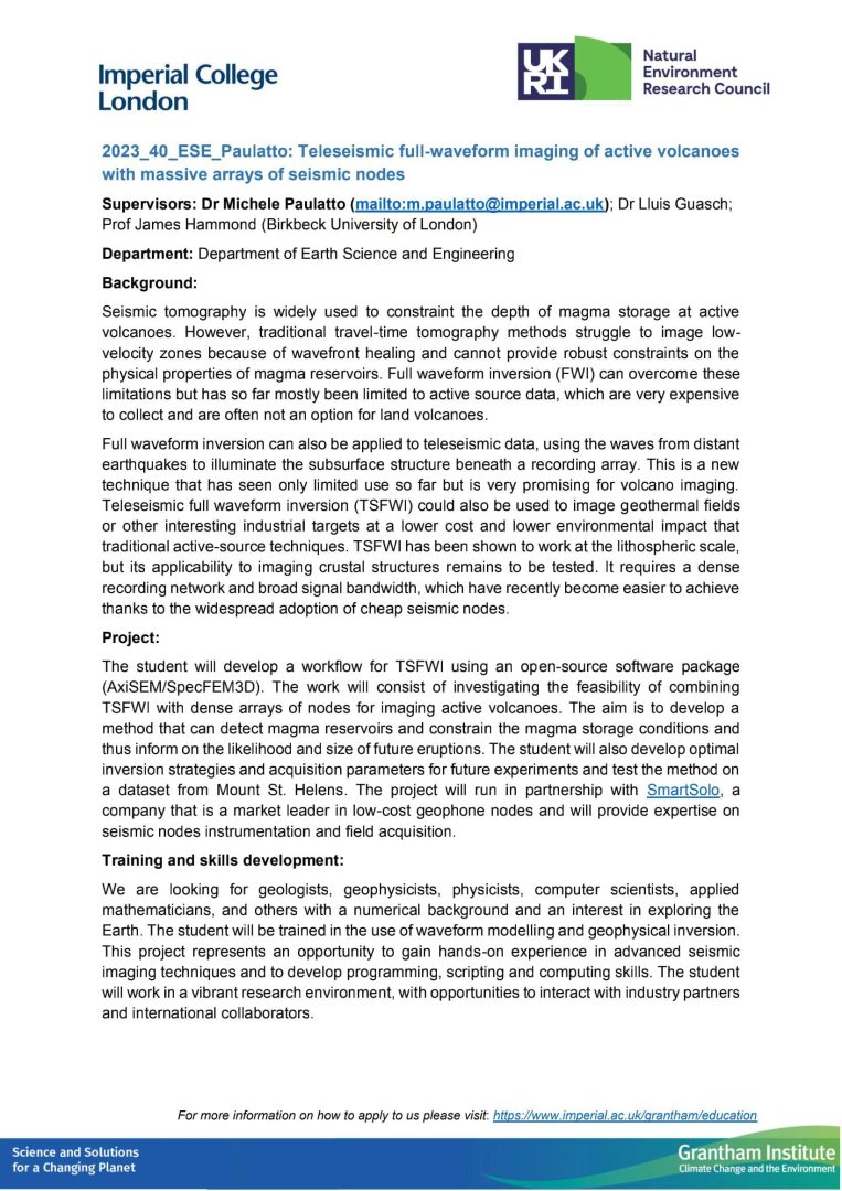 Imperial College London project description: Teleseismic full-waveform imaging of active volcanoes with massive arrays of seismic nodes.