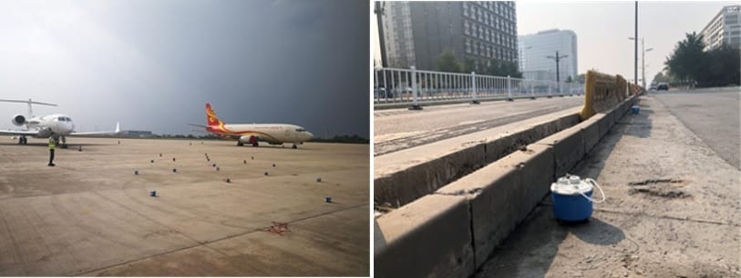 Left: SmartSolo seismometer nodes on an airport tarmac near two airplanes for seismic activity monitoring. Right: SmartSolo node on a sidewalk next to a road for structural health monitoring.