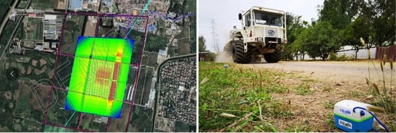 Left: Aerial view of a seismic survey grid overlaid on a satellite image for geophysical exploration. Right: SmartSolo seismometer node in the foreground with a seismic vibrator truck in the background.
