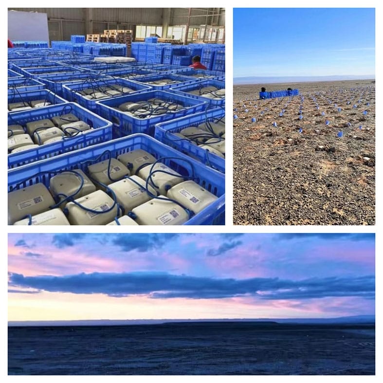 Three images: SmartSolo nodes in blue crates, nodes deployed in a field for seismic survey, and a sunset over a landscape.
