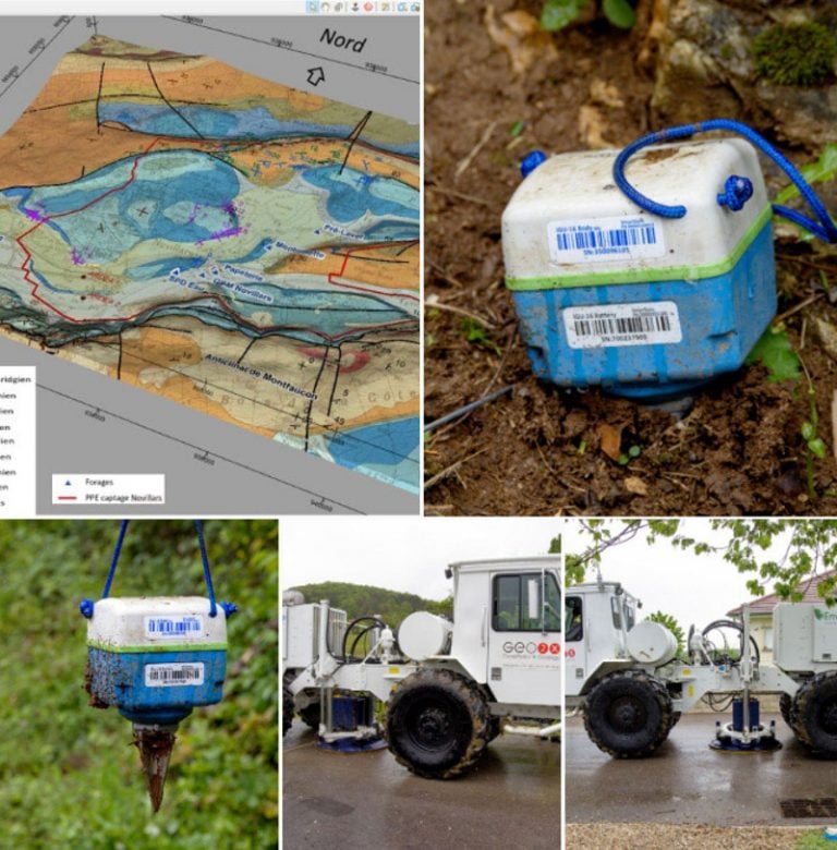 A collage of images showing a geological map, SmartSolo nodes used for seismic survey, and a seismic vibrator truck.