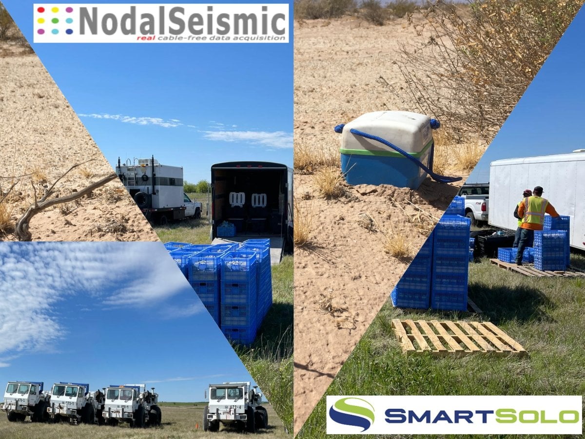 Collage shows SmartSolo nodes used for nodal seismic surveys, including deployment in sandy terrain, vibrator trucks, and crates of nodes. Text: NodalSeismic real cable-free data acquisition, SMARTSOLO.