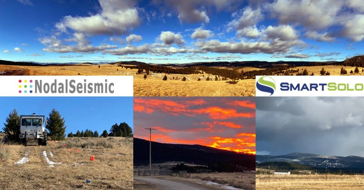Collage of images showing landscapes and a seismic survey vehicle, with "NodalSeismic" and "SMARTSOLO" logos.