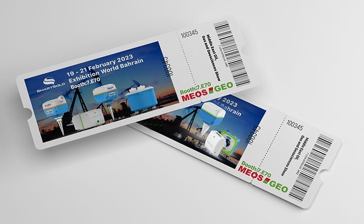 Two tickets for the MEOS GEO 2023 exhibition in Bahrain, featuring SmartSolo seismic nodes and exhibition details.
