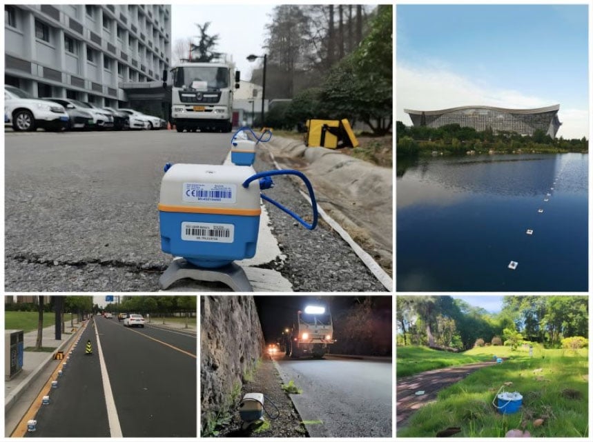 SmartSolo nodes used for seismic activity monitoring in various urban and natural environments, including roads, a lake, and a park.
