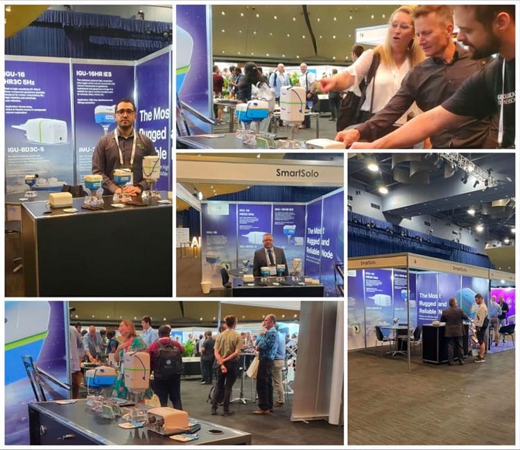 Collage of photos showing the SmartSolo booth at a trade show, featuring seismic nodes and staff interacting with attendees.