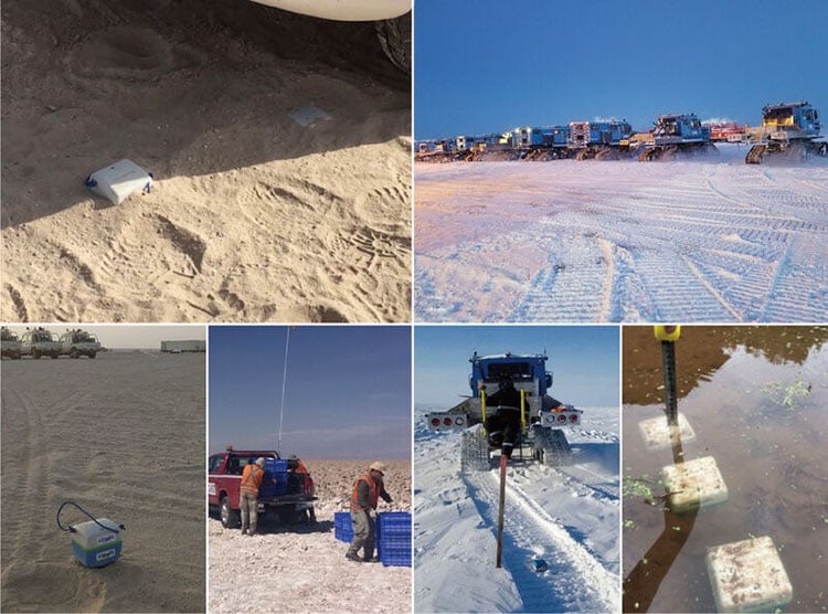 SmartSolo nodes and seismic survey equipment deployed in diverse environments including desert, snow, and water for geophysical exploration.