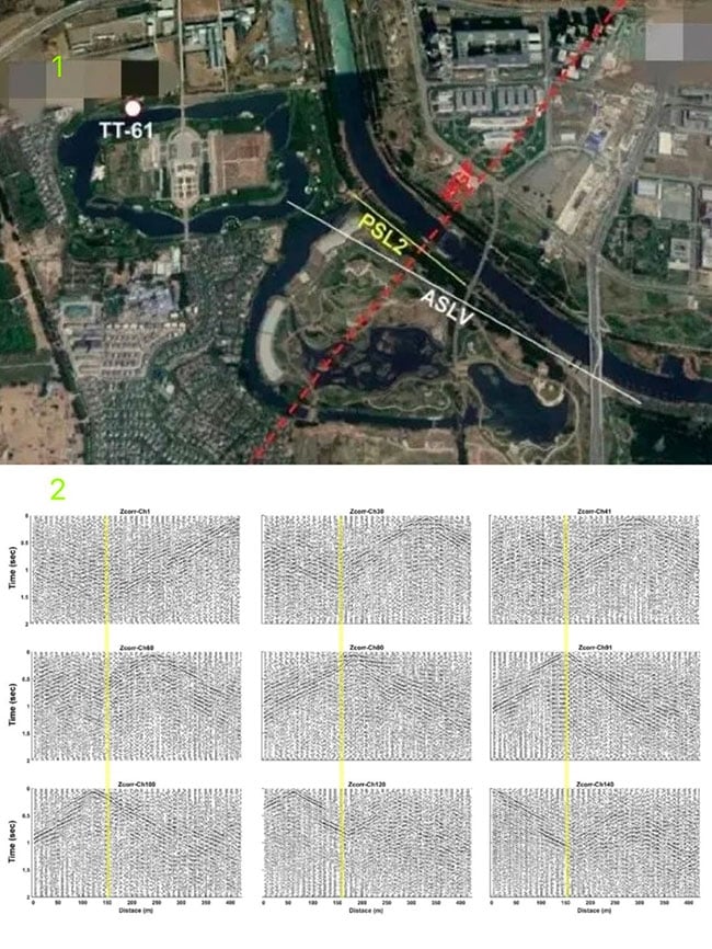 Satellite image showing seismic survey lines PSL2 and ASLV, with seismic data plots displaying seismic waves for geophysical exploration.