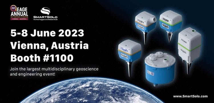 SmartSolo EAGE Annual 2023 event banner with text "5-8 June 2023 Vienna, Austria Booth #1100" and images of seismic nodes.