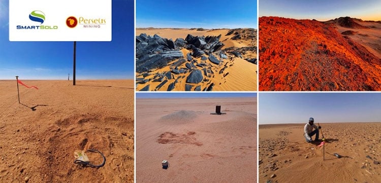 SmartSolo and Perseus Mining logos above images of desert landscapes, including a SmartSolo node for geophysical exploration.