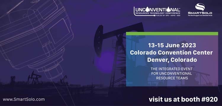 SmartSolo URTeC 2023 event banner with text "13-15 June 2023 Colorado Convention Center Denver, Colorado visit us at booth #920" and oil pumpjacks.