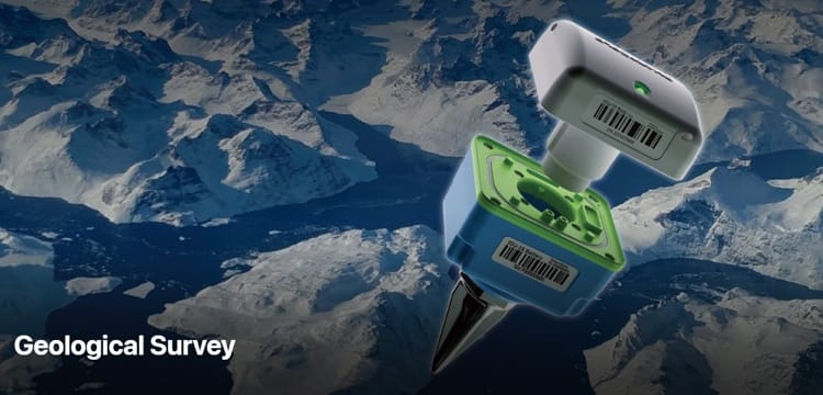 SmartSolo seismometers used for geological survey in a mountainous, icy landscape. Text: Geological Survey.