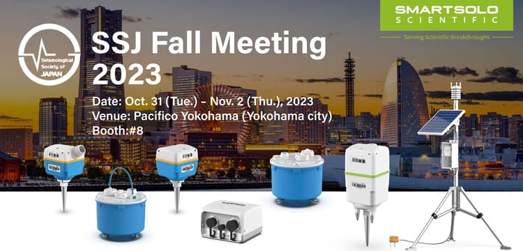 SmartSolo Scientific booth #8 at the SSJ Fall Meeting 2023, showcasing seismometers and nodes for earthquake monitoring and seismic activity detection.