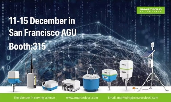 SmartSolo Scientific booth 315 at AGU in San Francisco, December 11-15, featuring seismometers and nodes for geophysical exploration and seismic surveys.