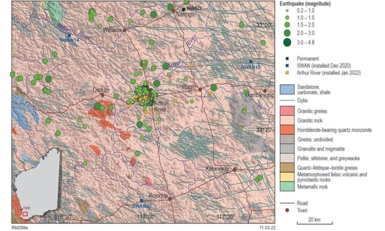 Geological map showing earthquake monitoring data with seismometer locations and earthquake magnitudes in Western Australia.