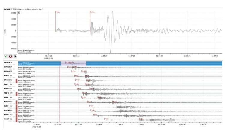 Seismograph data from multiple SmartSolo nodes showing seismic waves and earthquake monitoring information.