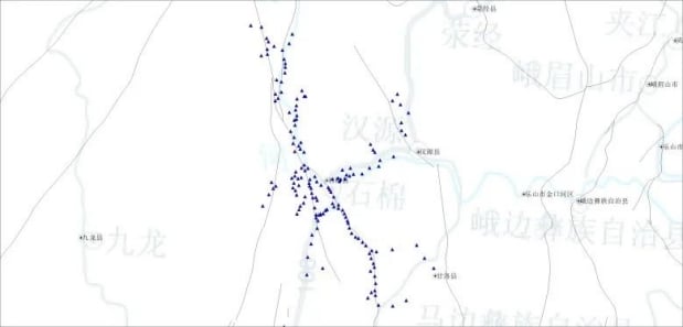 A map showing the distribution of SmartSolo seismometer nodes (blue triangles) in a region of China, indicating a seismic survey for earthquake monitoring and geophysical exploration.