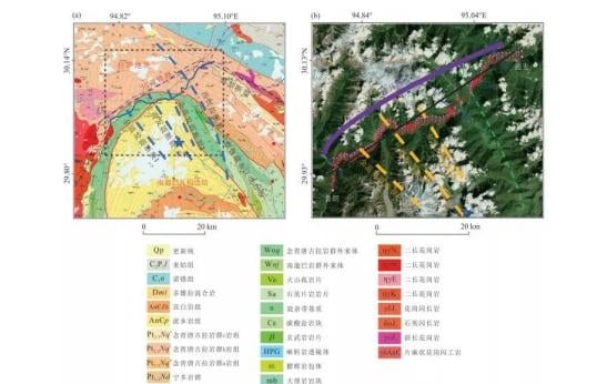 Geological map (a) and satellite image (b) showing geological engineering and structural health monitoring, potentially aided by seismic survey data.