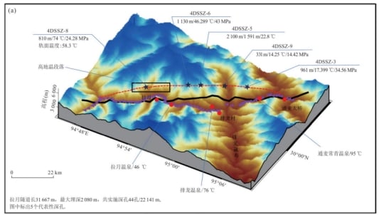 3D topographic map showing a tunnel route with geological engineering data points and seismic activity indicators. SmartSolo nodes used for structural health monitoring.