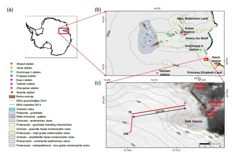 Map showing seismic survey line with SmartSolo nodes near Zhongshan Station, Antarctica for geophysical exploration. Includes legend for stations and rock types.