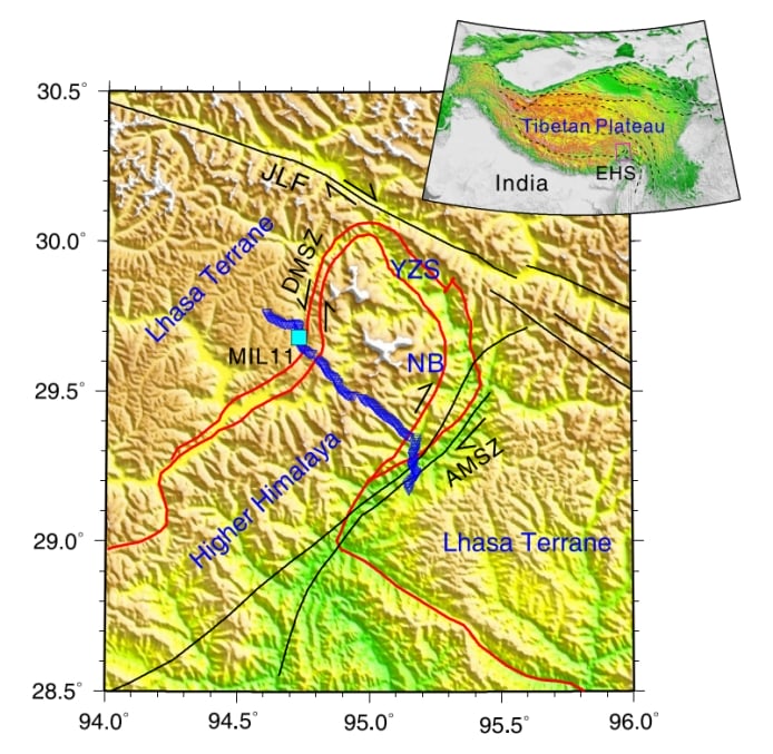 Geological map showing fault lines and terranes in the Higher Himalaya and Lhasa Terrane, with an inset map of the Tibetan Plateau and India for seismic activity context.