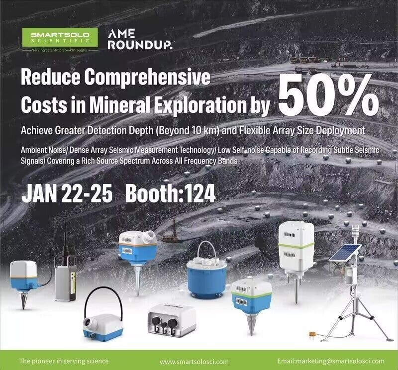 SmartSolo Scientific ad for AME Roundup, "Reduce Comprehensive Costs in Mineral Exploration by 50%". Features various SmartSolo nodes for seismic survey.