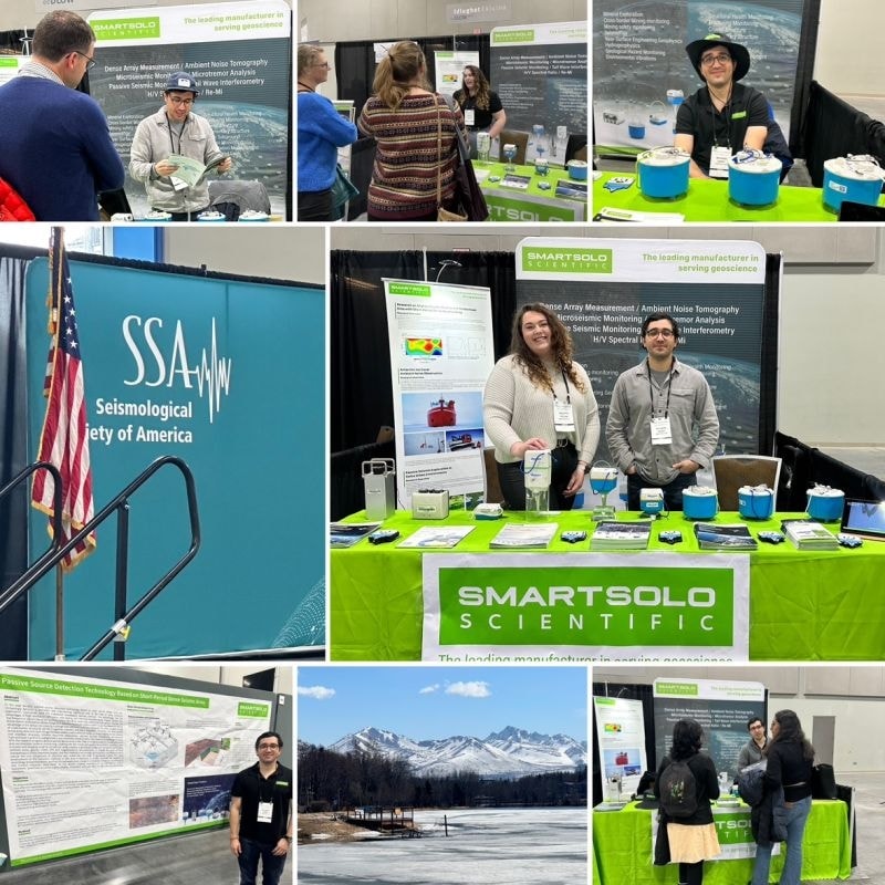 Collage of images from a geophysical exploration conference. Includes SmartSolo Scientific booths with seismometer nodes, a poster on passive source detection, and a snowy mountain landscape. Text on banners: "SMARTSOLO SCIENTIFIC The leading manufacturer in serving geoscience", "SSA Seismological Society of America".