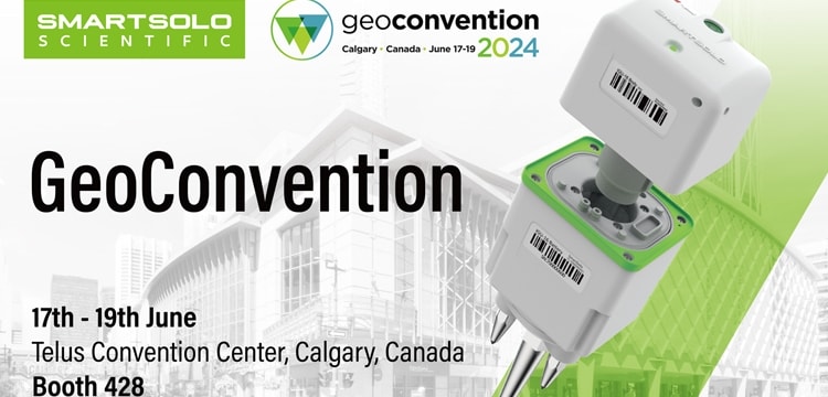 Advertisement for GeoConvention 2024 featuring SmartSolo Scientific seismometer nodes. Text: "SMARTSOLO SCIENTIFIC GeoConvention Calgary · Canada · June 17-19 2024 17th - 19th June Telus Convention Center, Calgary, Canada Booth 428".