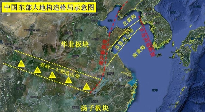 Geological map of Eastern China showing tectonic plates and seismic activity for earthquake monitoring and geophysical exploration.