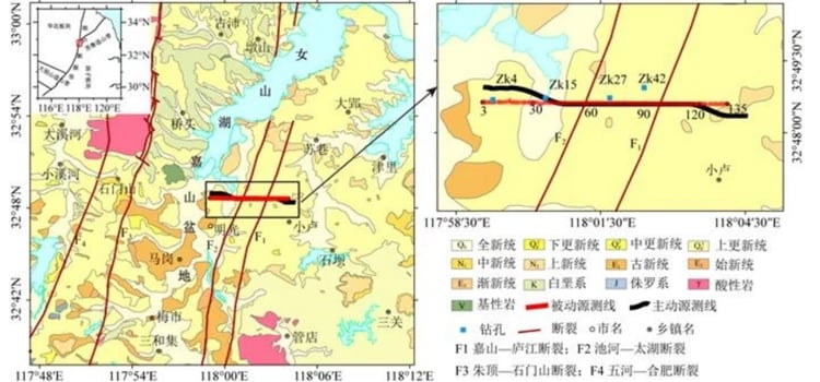 Geological map showing active and passive seismic survey lines, boreholes, and fault lines for geophysical exploration.