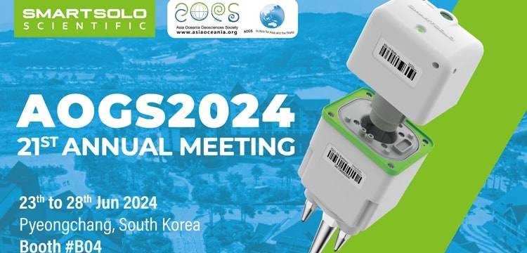 Advertisement for AOGS2024 21st Annual Meeting featuring SmartSolo Scientific seismometer nodes for geophysical exploration. Text: "SMARTSOLO SCIENTIFIC AOGS Asia Oceania Geosciences Society www.asiaoceania.org AOGS - In Asia for Asia and the World AOGS2024 21ST ANNUAL MEETING 23th to 28th Jun 2024 Pyeongchang, South Korea Booth #B04".