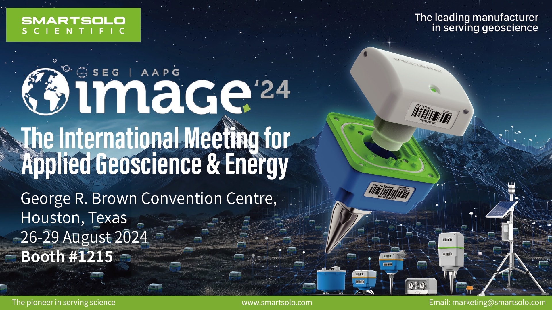 Advertisement for IMAGE '24, The International Meeting for Applied Geoscience & Energy, featuring SmartSolo Scientific seismometer nodes for geophysical exploration. Text: "SMARTSOLO SCIENTIFIC SEG | AAPG image '24 The International Meeting for Applied Geoscience & Energy George R. Brown Convention Centre, Houston, Texas 26-29 August 2024 Booth #1215 The leading manufacturer in serving geoscience The pioneer in serving science www.smartsolo.com Email: marketing@smartsolo.com".