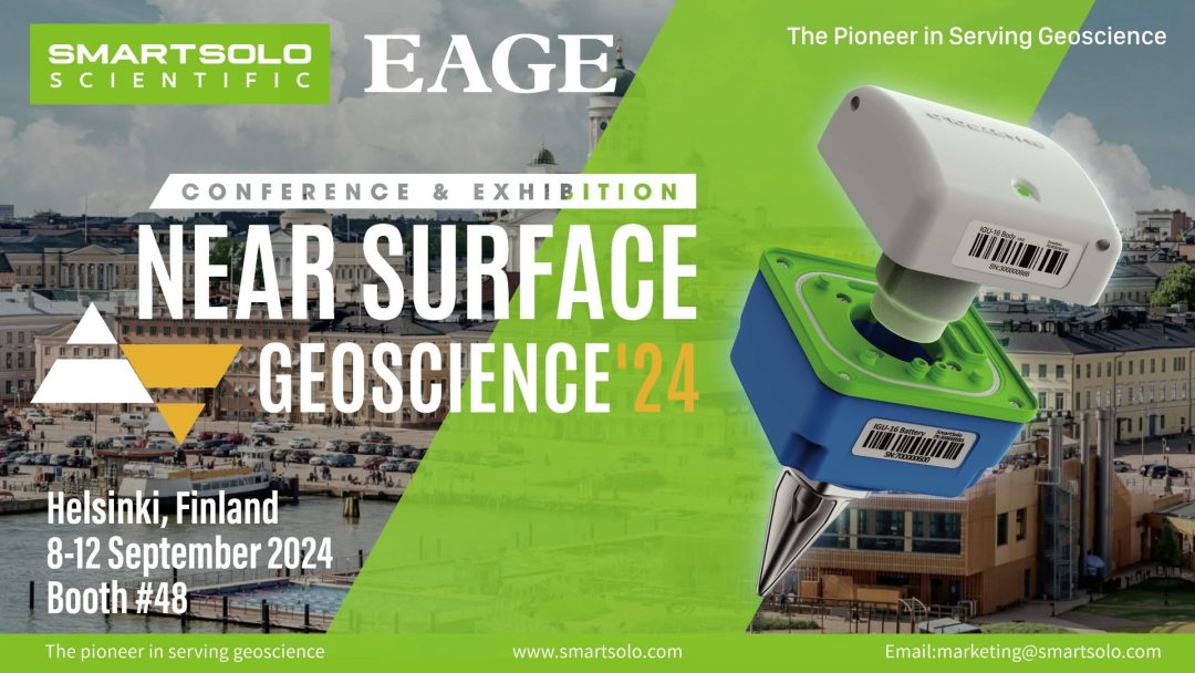 Advertisement for EAGE Near Surface Geoscience '24 Conference & Exhibition, featuring a SmartSolo Scientific seismometer node. Text: "SMARTSOLO SCIENTIFIC EAGE CONFERENCE & EXHIBITION NEAR SURFACE GEOSCIENCE '24 Helsinki, Finland 8-12 September 2024 Booth #48 The Pioneer in Serving Geoscience The pioneer in serving geoscience www.smartsolo.com Email: marketing@smartsolo.com".