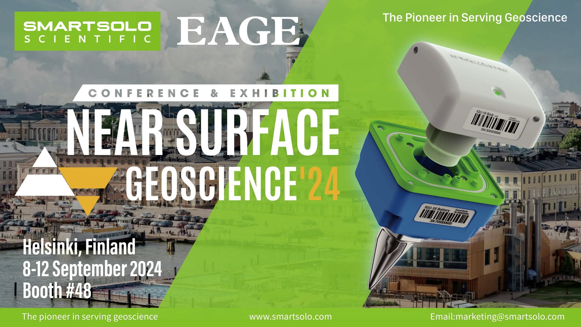 Advertisement for EAGE Near Surface Geoscience '24 Conference & Exhibition, featuring a SmartSolo Scientific seismometer node. Text: "SMARTSOLO SCIENTIFIC EAGE CONFERENCE & EXHIBITION NEAR SURFACE GEOSCIENCE '24 Helsinki, Finland 8-12 September 2024 Booth #48 The Pioneer in Serving Geoscience The pioneer in serving geoscience www.smartsolo.com Email: marketing@smartsolo.com".