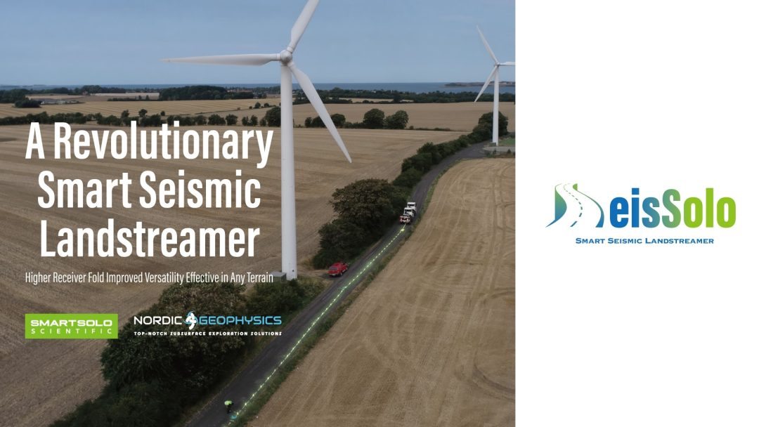 Aerial view of a Smart Seismic Landstreamer seismic survey with SmartSolo nodes near wind turbines. Text: "A Revolutionary Smart Seismic Landstreamer Higher Receiver Fold Improved Versatility Effective in Any Terrain SMARTSOLO SCIENTIFIC NORDIC GEOPHYSICS TOP-NOTCH SUBSURFACE EXPLORATION SOLUTIONS eisSolo SMART SEISMIC LANDSTREAMER".