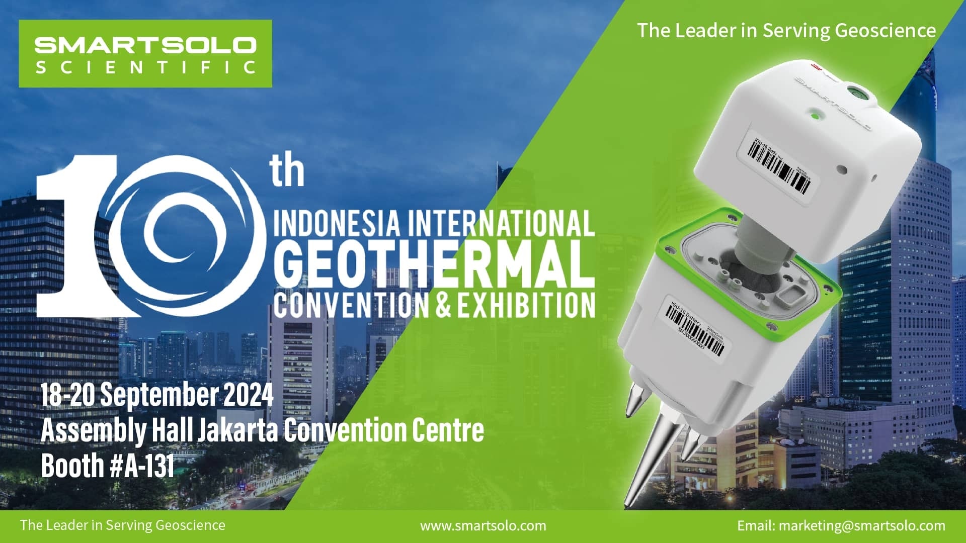 SmartSolo seismometer nodes displayed against a city skyline for the 10th Indonesia International Geothermal Convention & Exhibition. Text: "SMARTSOLO SCIENTIFIC The Leader in Serving Geoscience 10th INDONESIA INTERNATIONAL GEOTHERMAL CONVENTION & EXHIBITION 18-20 September 2024 Assembly Hall Jakarta Convention Centre Booth #A-131 www.smartsolo.com Email: marketing@smartsolo.com".