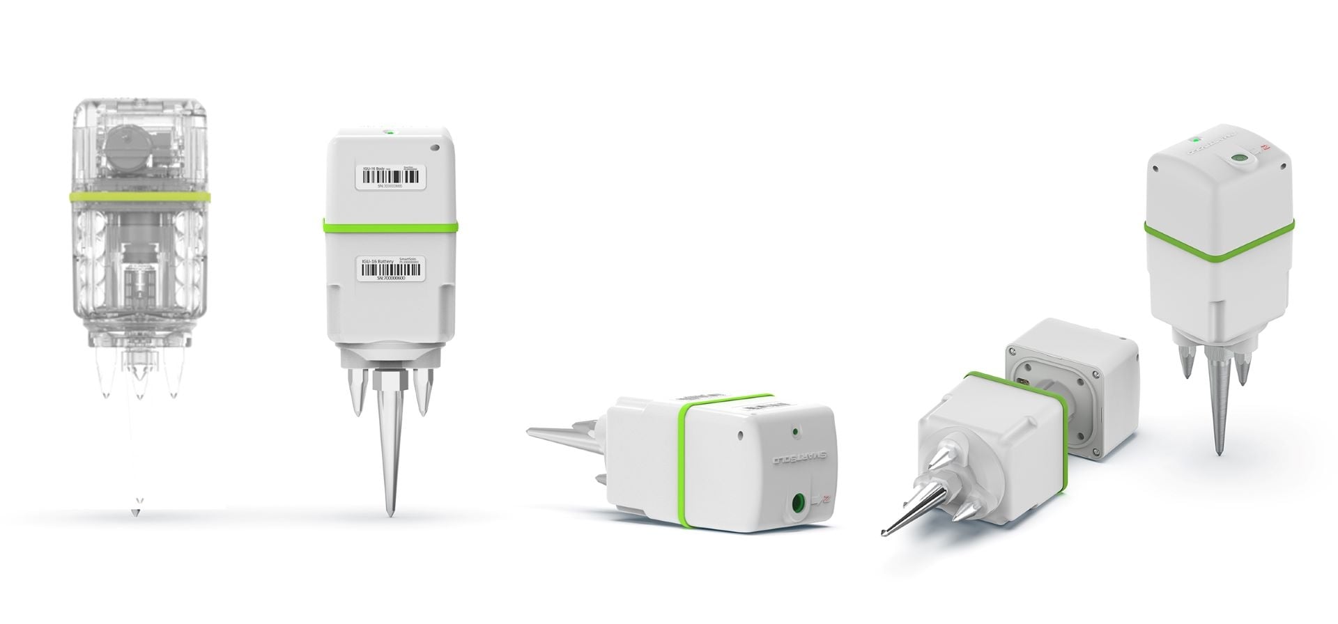 Multiple views of SmartSolo nodes (seismometers) for seismic survey and earthquake monitoring, including a transparent view showing internal components.