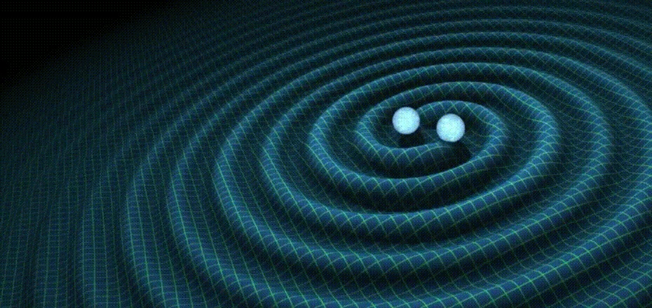 An animation shows two white spheres orbiting each other, creating ripples in a grid pattern, representing seismic waves.