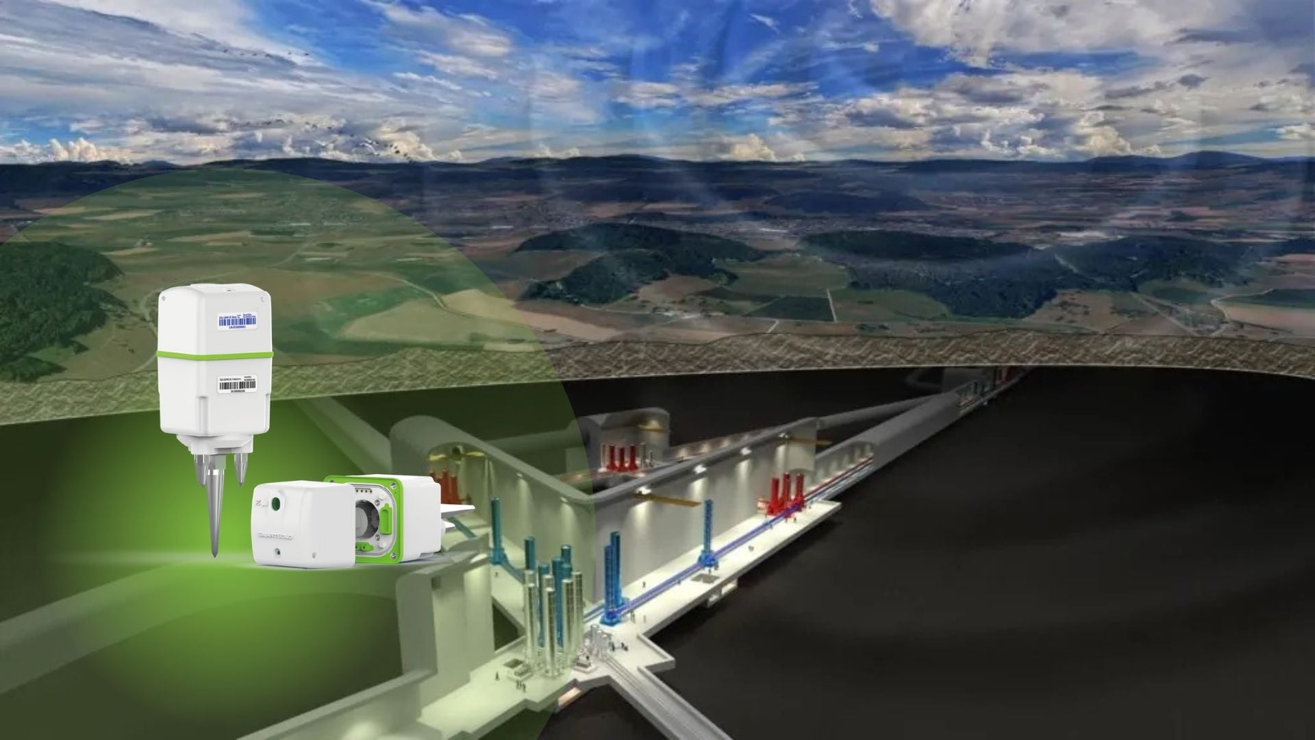 SmartSolo nodes and seismometers are used for structural health monitoring of underground facilities, shown in a cutaway view.