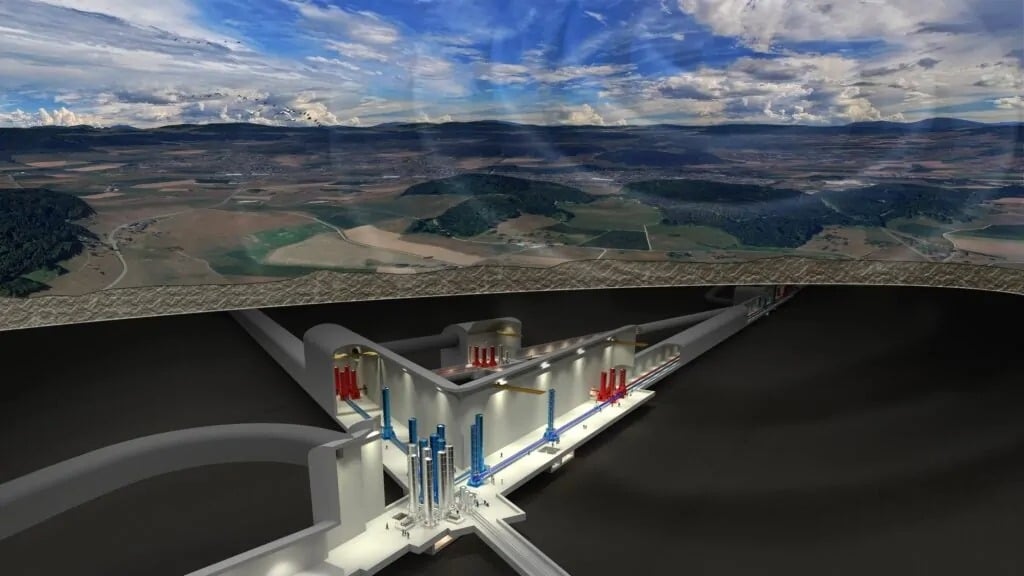 A cross-section view showing an underground facility beneath a landscape, illustrating geological engineering and seismic activity monitoring.