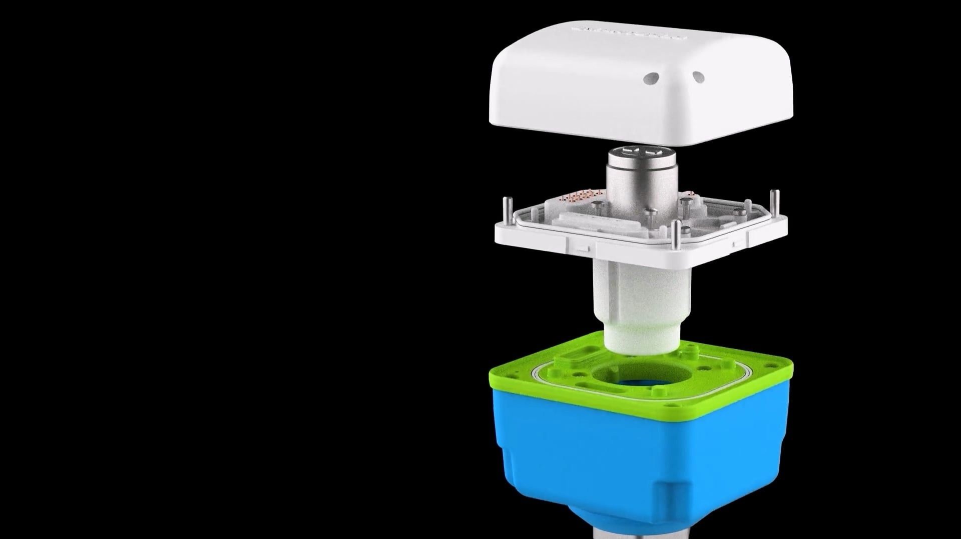 Exploded view of a SmartSolo node, showing internal components for seismic detection and geophysical exploration.