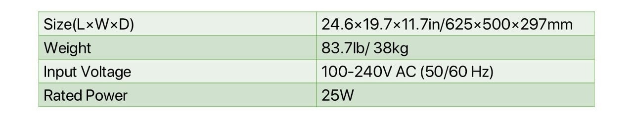 Specifications for SmartSolo seismic equipment, including size, weight, input voltage, and rated power.