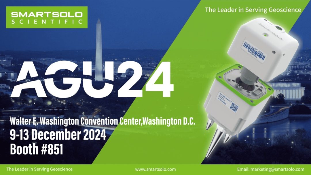 SmartSolo seismometer nodes for geophysical exploration at AGU24. Text: "SMARTSOLO SCIENTIFIC The Leader in Serving Geoscience AGU24 Walter E. Washington Convention Center, Washington D.C. 9-13 December 2024 Booth #851 The Leader in Serving Geoscience www.smartsolo.com Email: marketing@smartsolo.com".